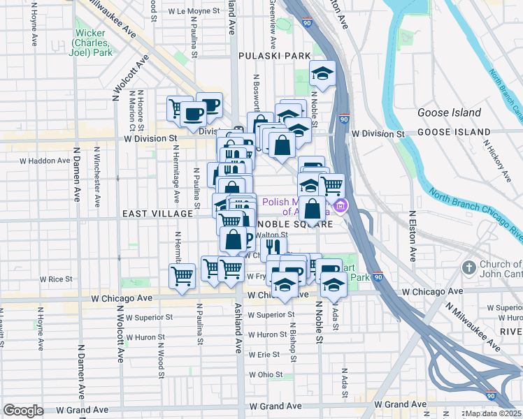map of restaurants, bars, coffee shops, grocery stores, and more near 1527 West Augusta Boulevard in Chicago