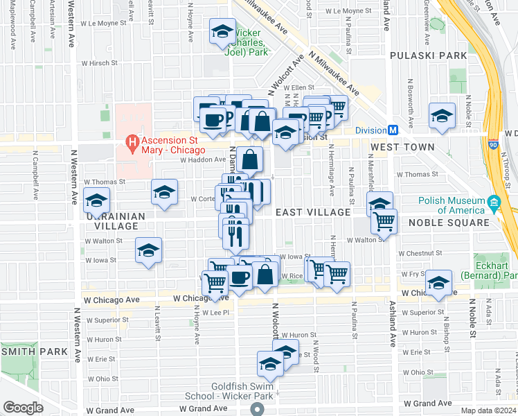 map of restaurants, bars, coffee shops, grocery stores, and more near 958 North Wolcott Avenue in Chicago