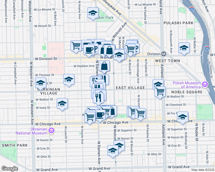 map of restaurants, bars, coffee shops, grocery stores, and more near 958 North Wolcott Avenue in Chicago