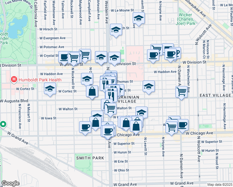 map of restaurants, bars, coffee shops, grocery stores, and more near 2326 West Augusta Boulevard in Chicago