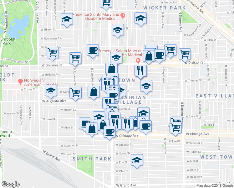 map of restaurants, bars, coffee shops, grocery stores, and more near 2322 West Augusta Boulevard in Chicago