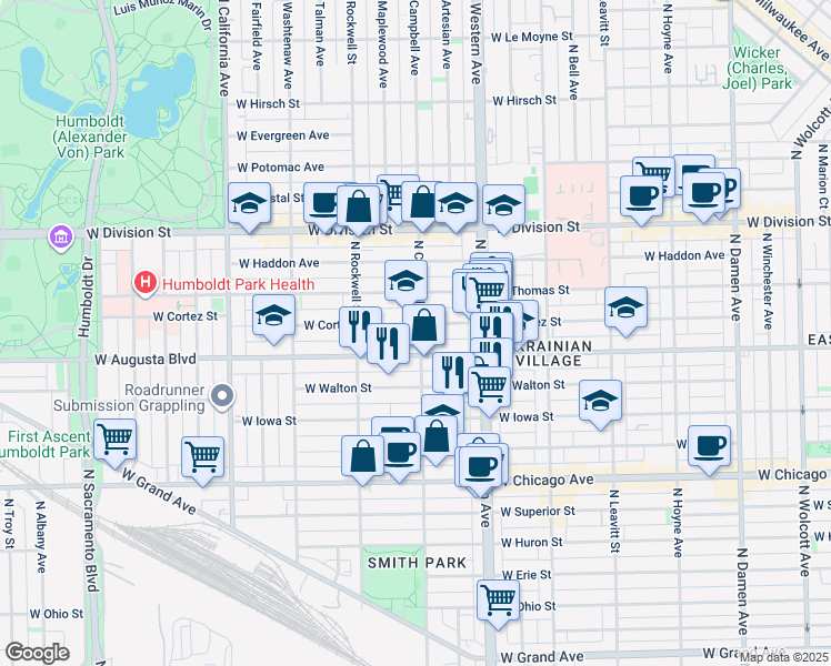 map of restaurants, bars, coffee shops, grocery stores, and more near 2512 West Augusta Boulevard in Chicago