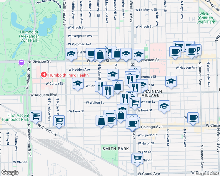 map of restaurants, bars, coffee shops, grocery stores, and more near 2512 West Augusta Boulevard in Chicago