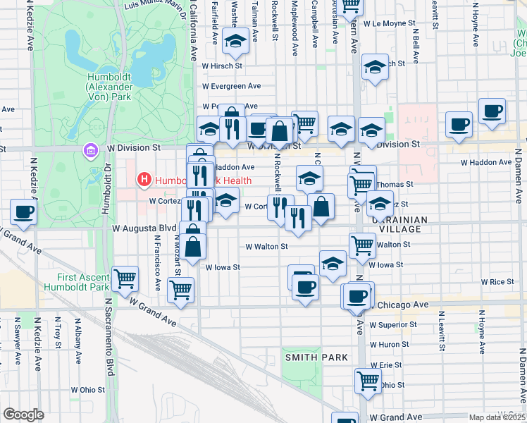 map of restaurants, bars, coffee shops, grocery stores, and more near 2630 West Augusta Boulevard in Chicago