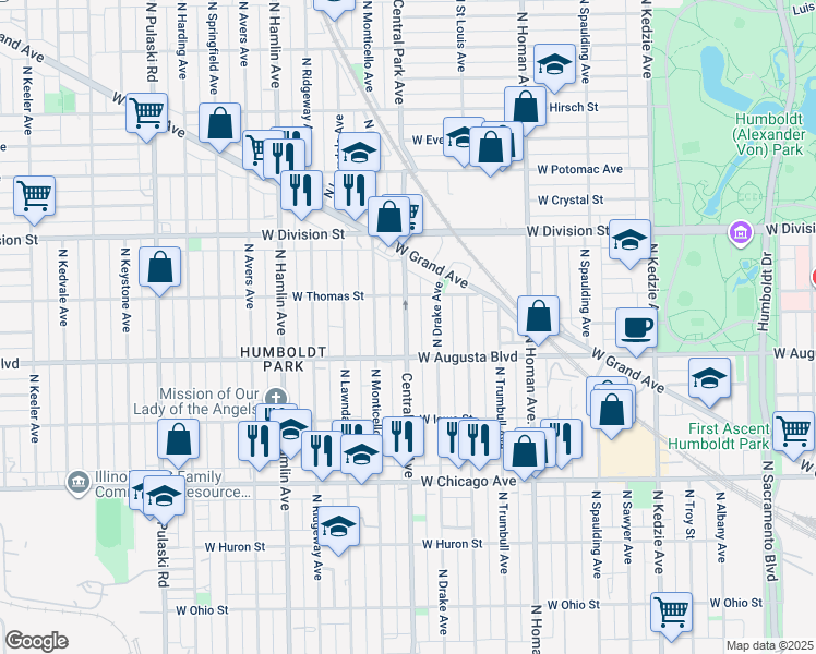 map of restaurants, bars, coffee shops, grocery stores, and more near 1013 North Monticello Avenue in Chicago