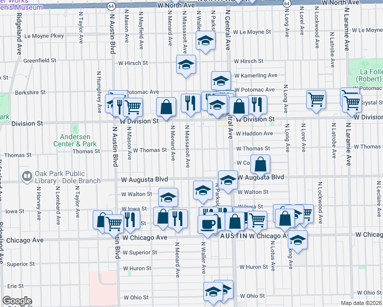 map of restaurants, bars, coffee shops, grocery stores, and more near 1034 North Massasoit Avenue in Chicago