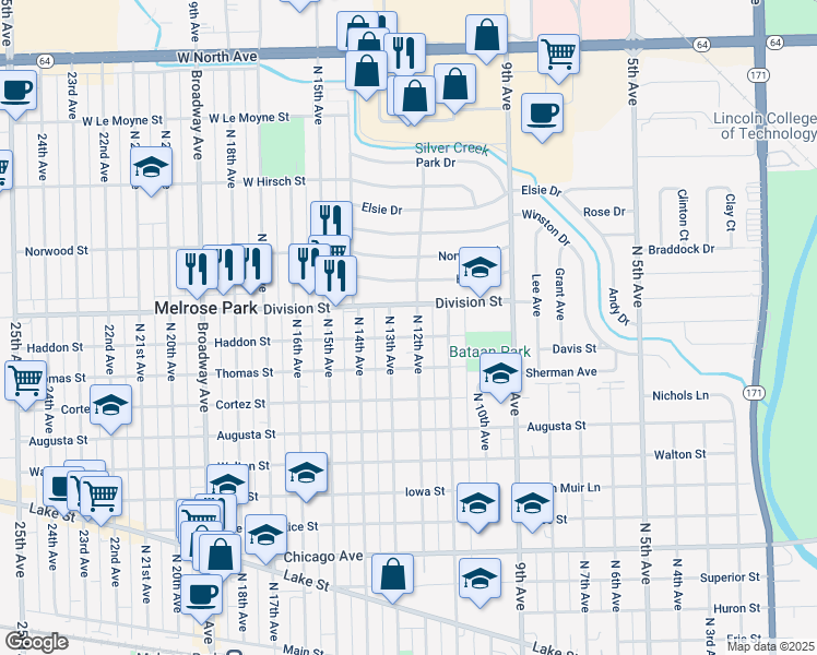 map of restaurants, bars, coffee shops, grocery stores, and more near 1319 North 13th Avenue in Melrose Park