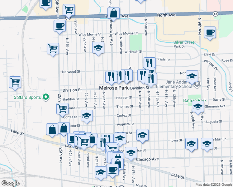 map of restaurants, bars, coffee shops, grocery stores, and more near 1319 North 19th Avenue in Melrose Park