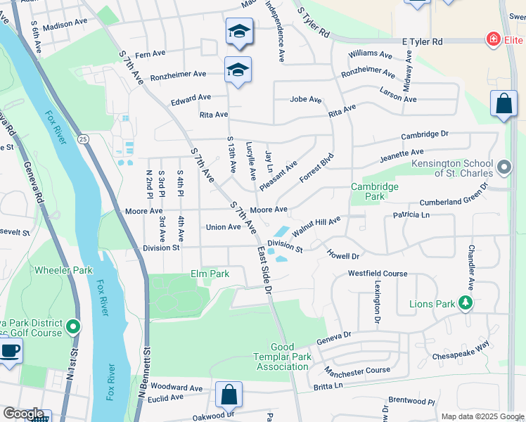 map of restaurants, bars, coffee shops, grocery stores, and more near 1834 Lucylle Court in St. Charles