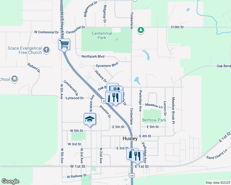 map of restaurants, bars, coffee shops, grocery stores, and more near 624 North US Highway 69 in Huxley