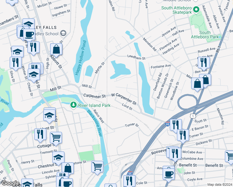 map of restaurants, bars, coffee shops, grocery stores, and more near 69 West Carpenter Street in Attleboro