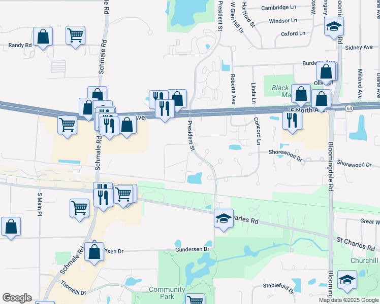 map of restaurants, bars, coffee shops, grocery stores, and more near 851 Pembrook Court in Carol Stream