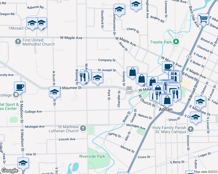 map of restaurants, bars, coffee shops, grocery stores, and more near West Maumee Street & Park Street in Adrian