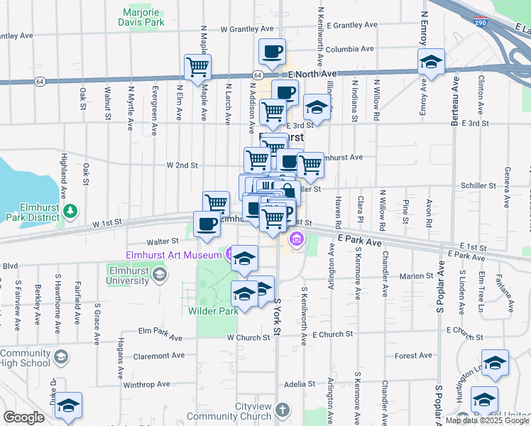 map of restaurants, bars, coffee shops, grocery stores, and more near in Elmhurst