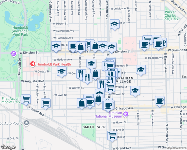 map of restaurants, bars, coffee shops, grocery stores, and more near 2512 West Augusta Boulevard in Chicago