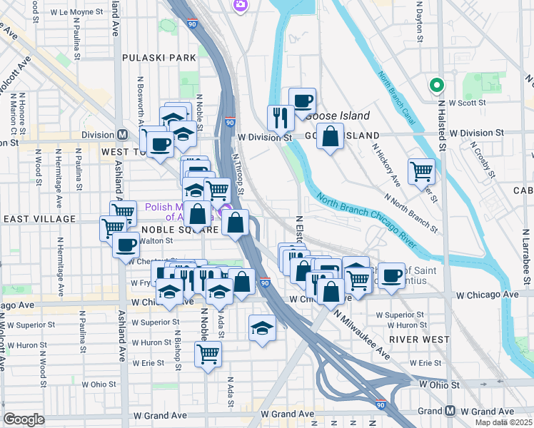 map of restaurants, bars, coffee shops, grocery stores, and more near 951 North Willard Court in Chicago