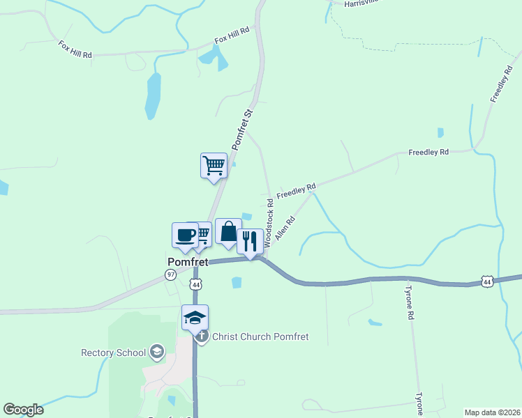 map of restaurants, bars, coffee shops, grocery stores, and more near 31 Woodstock Road in Pomfret