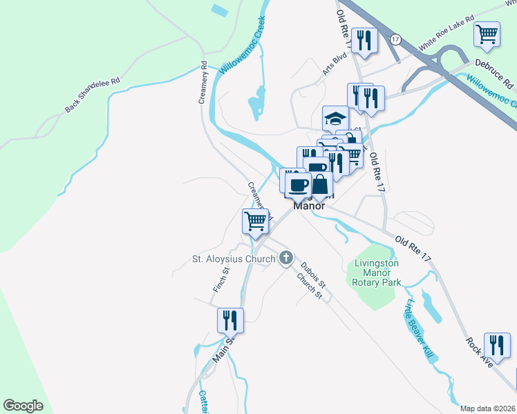 map of restaurants, bars, coffee shops, grocery stores, and more near 13 Creamery Road in Livingston Manor