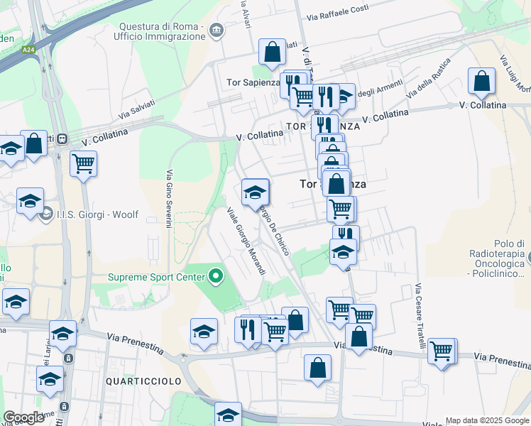 map of restaurants, bars, coffee shops, grocery stores, and more near 124 Viale Giorgio De Chirico in Roma