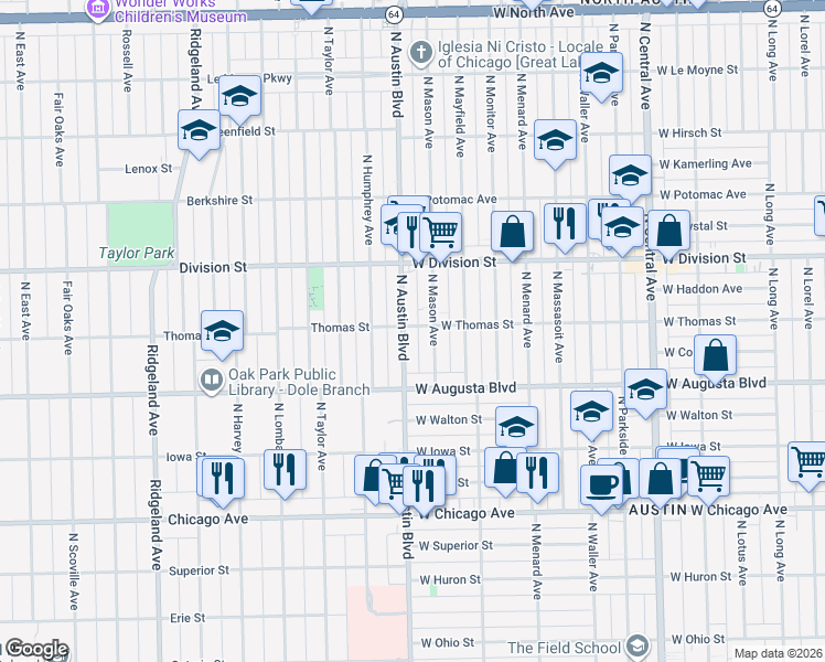 map of restaurants, bars, coffee shops, grocery stores, and more near 1034 North Austin Boulevard in Oak Park
