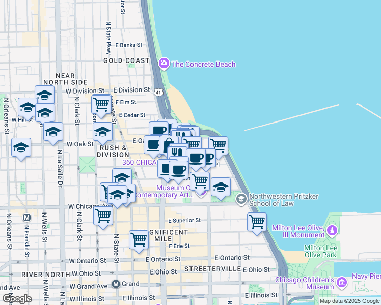 map of restaurants, bars, coffee shops, grocery stores, and more near 220 East Walton Place in Chicago