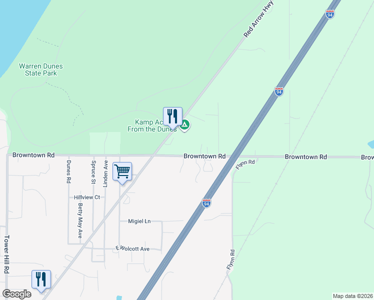map of restaurants, bars, coffee shops, grocery stores, and more near 5857 Browntown Road in Sawyer