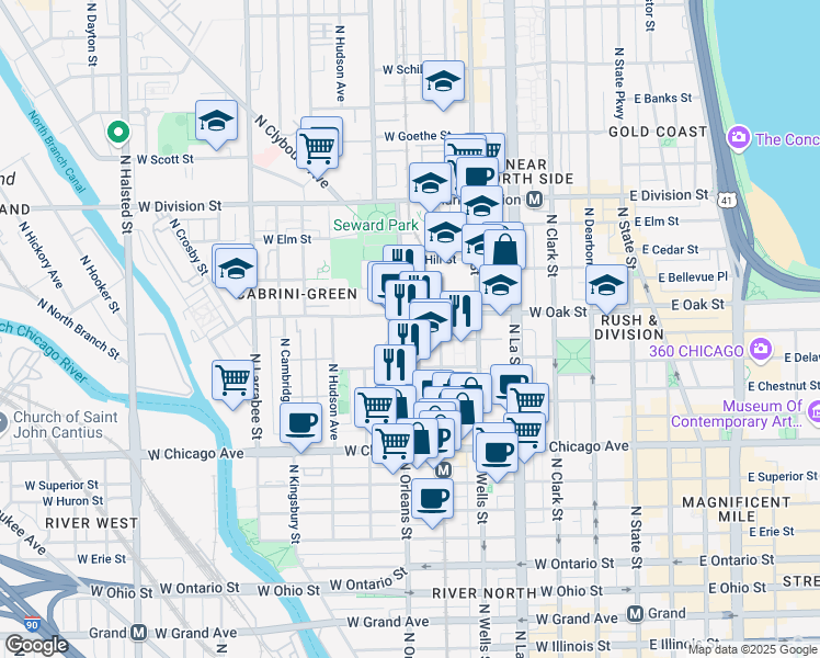 map of restaurants, bars, coffee shops, grocery stores, and more near 933 North Orleans Street in Chicago