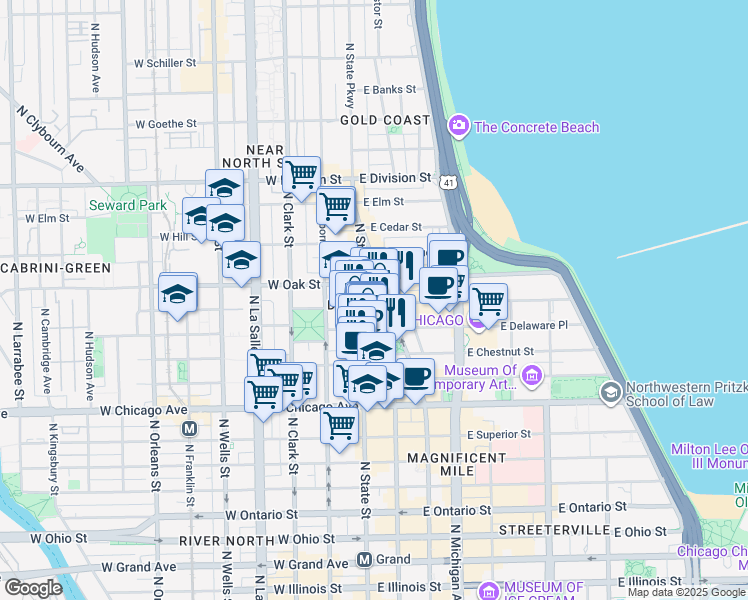 map of restaurants, bars, coffee shops, grocery stores, and more near 12 East Walton Street in Chicago