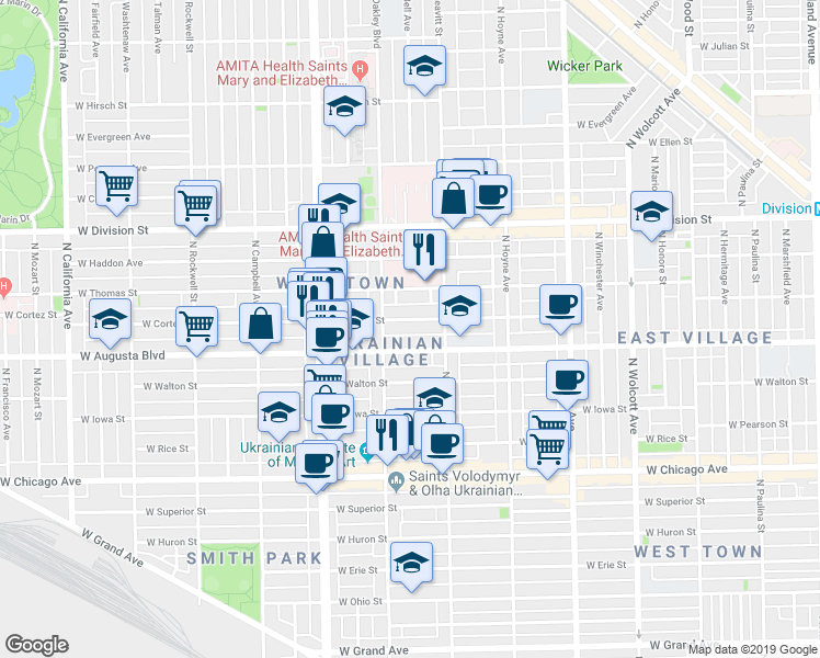 map of restaurants, bars, coffee shops, grocery stores, and more near 2235 West Cortez Street in Chicago