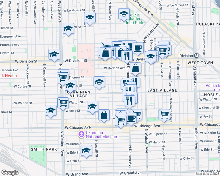 map of restaurants, bars, coffee shops, grocery stores, and more near 953 North Hoyne Avenue in Chicago