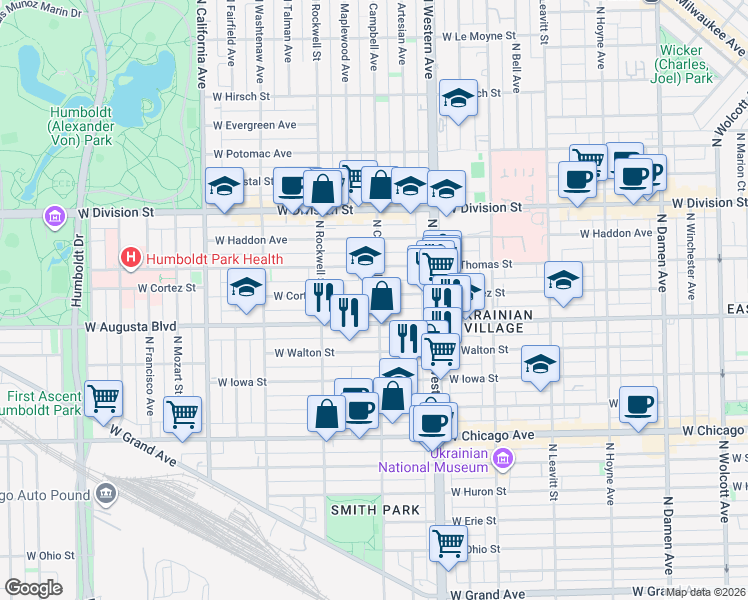 map of restaurants, bars, coffee shops, grocery stores, and more near 2512 West Augusta Boulevard in Chicago
