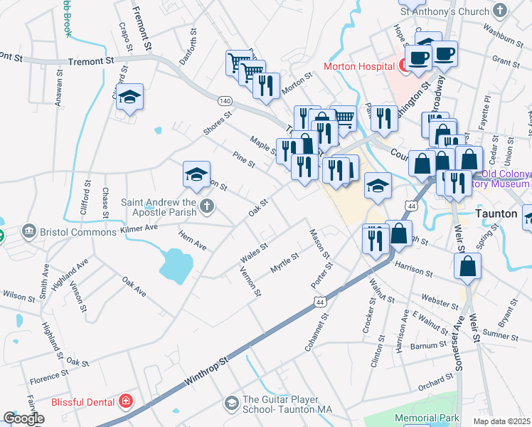 map of restaurants, bars, coffee shops, grocery stores, and more near 39 Olney Street in Taunton