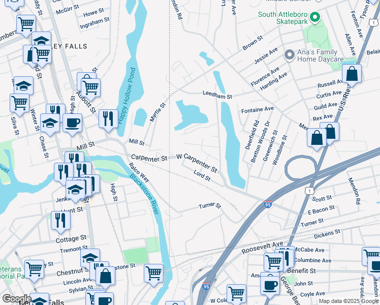 map of restaurants, bars, coffee shops, grocery stores, and more near 44 West Carpenter Street in Attleboro