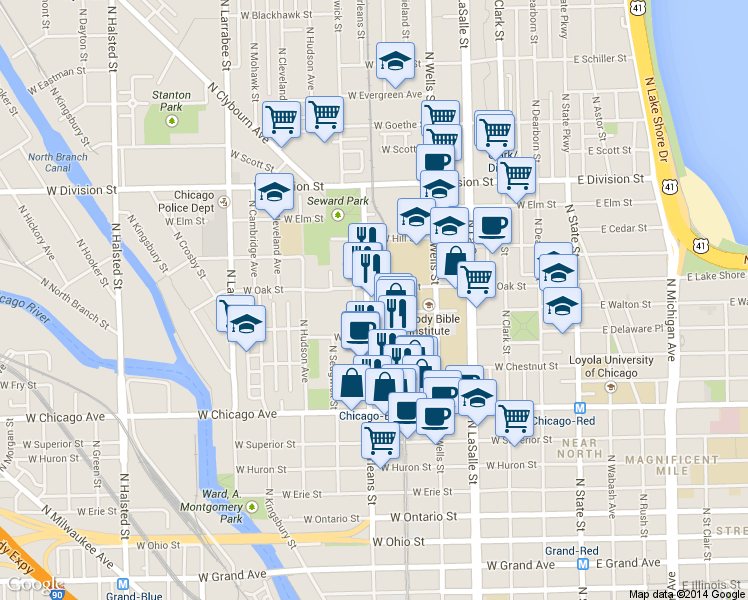 map of restaurants, bars, coffee shops, grocery stores, and more near 933 North Orleans Street in Chicago