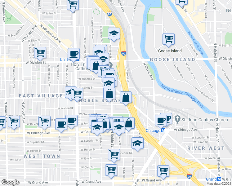 map of restaurants, bars, coffee shops, grocery stores, and more near in Chicago