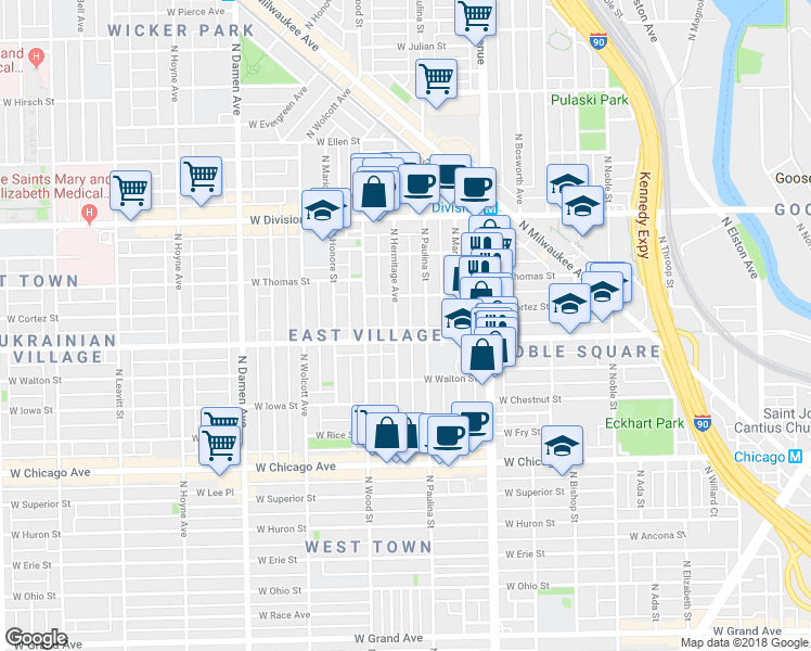 map of restaurants, bars, coffee shops, grocery stores, and more near 1719 West Augusta Boulevard in Chicago