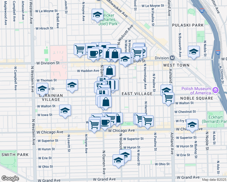 map of restaurants, bars, coffee shops, grocery stores, and more near 958 North Wolcott Avenue in Chicago
