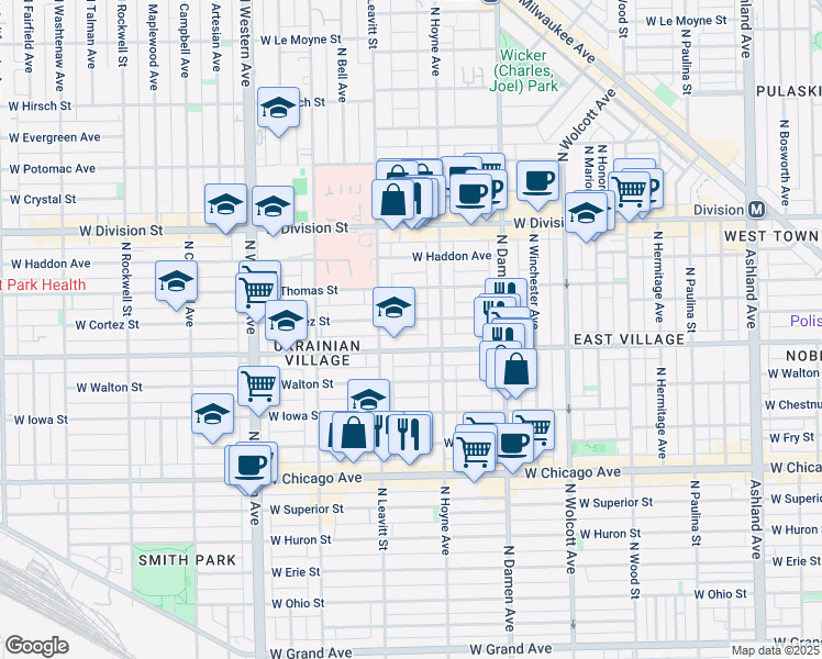 map of restaurants, bars, coffee shops, grocery stores, and more near 2116 West Augusta Boulevard in Chicago