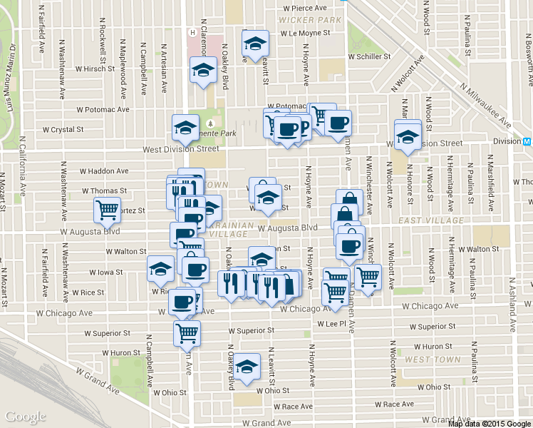 map of restaurants, bars, coffee shops, grocery stores, and more near 2212 West Augusta Boulevard in Chicago