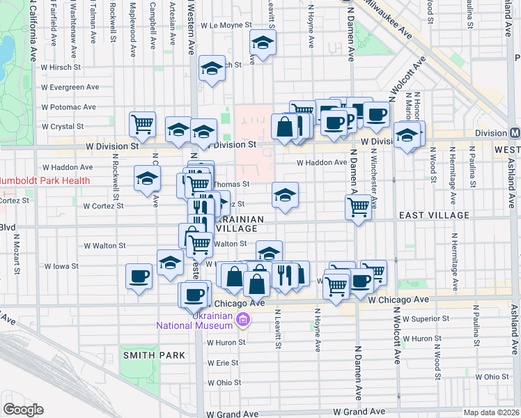 map of restaurants, bars, coffee shops, grocery stores, and more near 2212 West Augusta Boulevard in Chicago