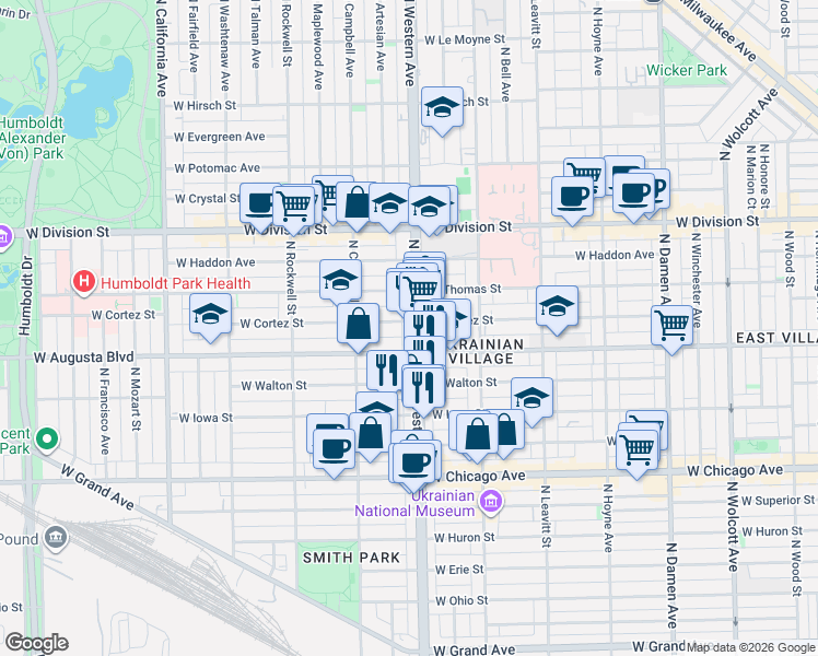 map of restaurants, bars, coffee shops, grocery stores, and more near in Chicago