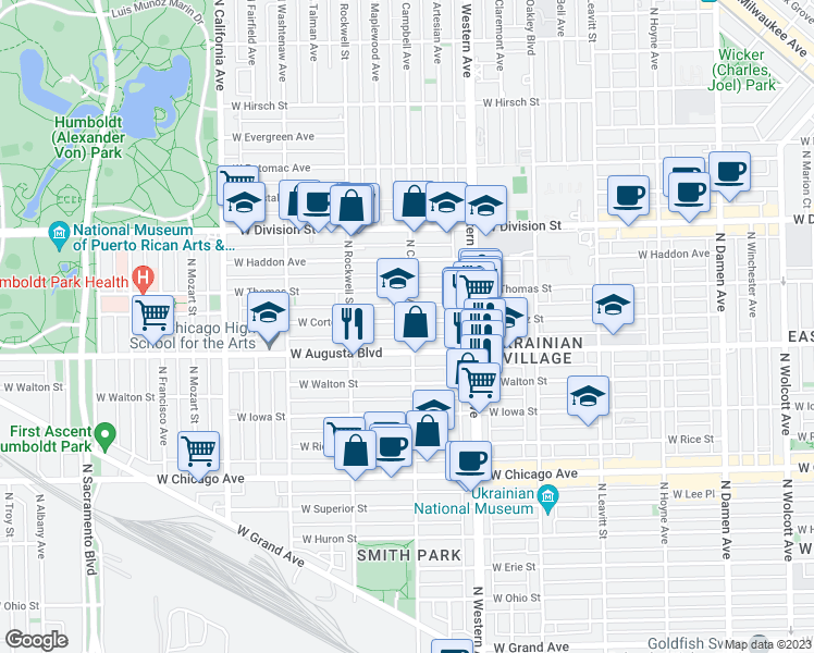 map of restaurants, bars, coffee shops, grocery stores, and more near 2512 West Augusta Boulevard in Chicago