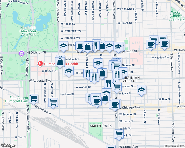map of restaurants, bars, coffee shops, grocery stores, and more near in Chicago