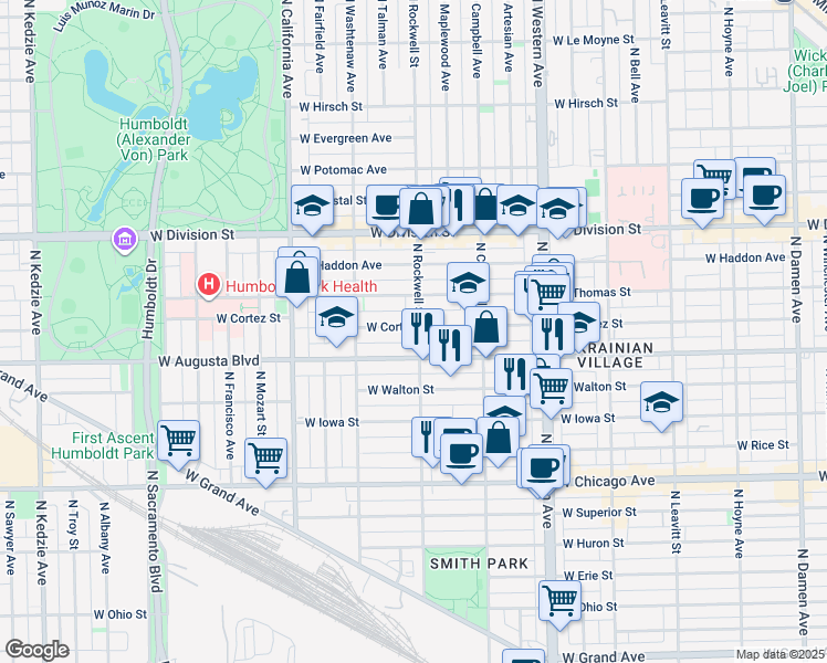 map of restaurants, bars, coffee shops, grocery stores, and more near in Chicago