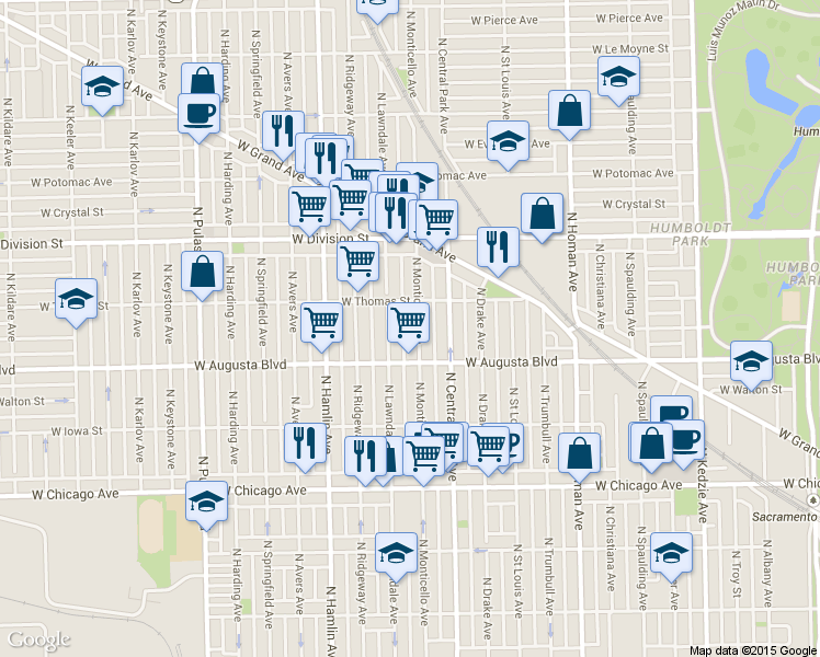 map of restaurants, bars, coffee shops, grocery stores, and more near 1011 North Lawndale Avenue in Chicago