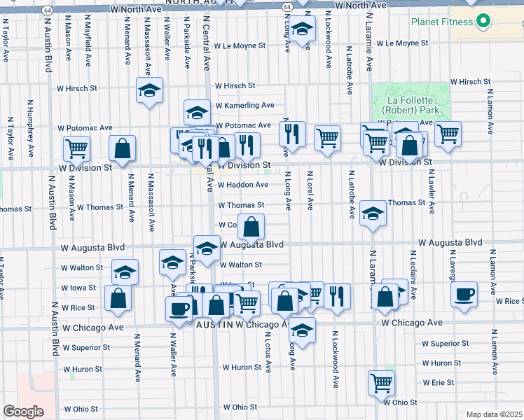 map of restaurants, bars, coffee shops, grocery stores, and more near 5428 West Cortez Street in Chicago