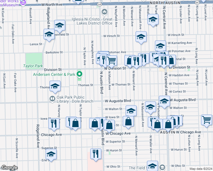 map of restaurants, bars, coffee shops, grocery stores, and more near 1041 North Mason Avenue in Chicago