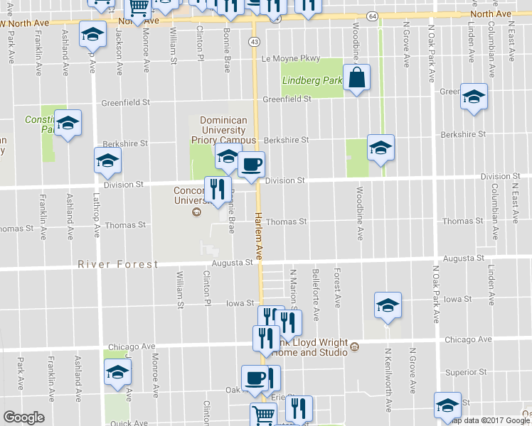 map of restaurants, bars, coffee shops, grocery stores, and more near 1047 Illinois 43 in Oak Park