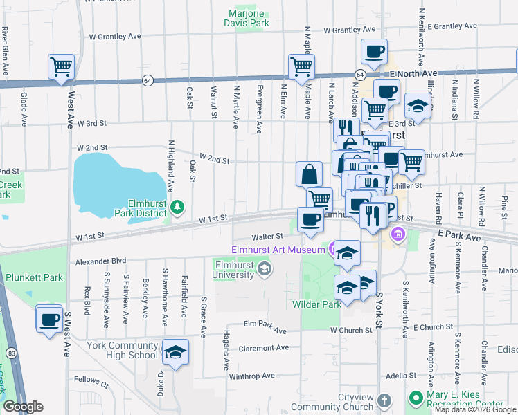 map of restaurants, bars, coffee shops, grocery stores, and more near 282 West Park Avenue in Elmhurst