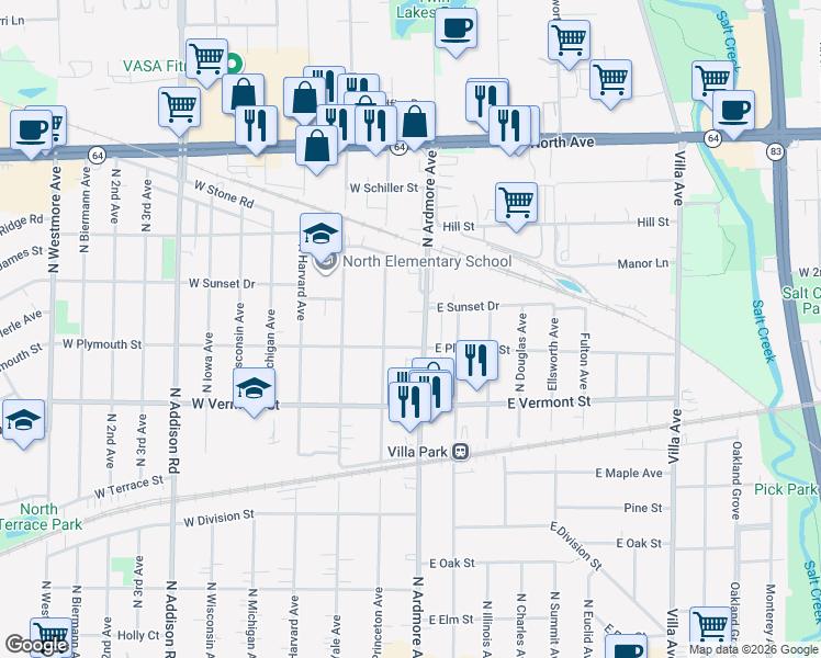 map of restaurants, bars, coffee shops, grocery stores, and more near 510 North Ardmore Avenue in Villa Park